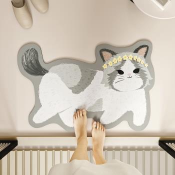 卡通貓咪造型硅藻泥吸水軟墊浴室門口地墊衛生間防滑腳墊家用地毯