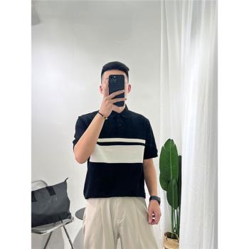 夏季新款男翻領短袖體恤Polo衫條紋撞色潮牌美式寬松休閑青年上衣