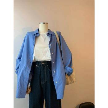 法式藍色純棉polo襯衫女春秋秋季襯衣設計感小眾外搭長袖上衣外套