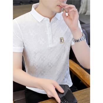 高階polo衫男冰絲名牌短袖t恤男翻領夏季白色提花燙鉆帶領上衣服