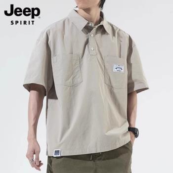 Jeep吉普短袖t恤男士夏季潮牌美式翻領上衣服工裝休閑polo衫男裝