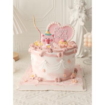 烘焙蛋糕裝飾擺件復古珍珠邊愛心生日快樂軟陶小豬派對插件插卡