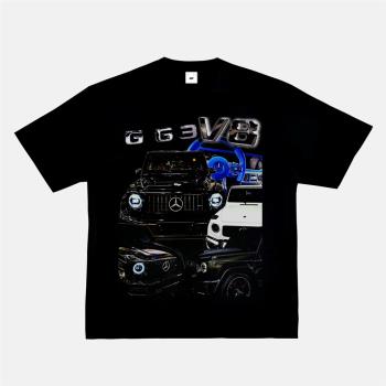 賓士G63短袖汽車文化T恤美式嘻哈說唱小領口hiphop上衣vintage
