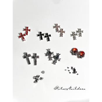 4顆 RITA家新款紅暗黑系美甲飾品十字架骷髏鉚釘小眾歐美立體指甲