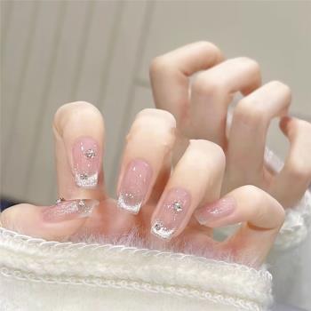 極簡晶石貓眼小鉆裸色穿戴甲手工美甲貼片結婚新娘假指甲可拆卸