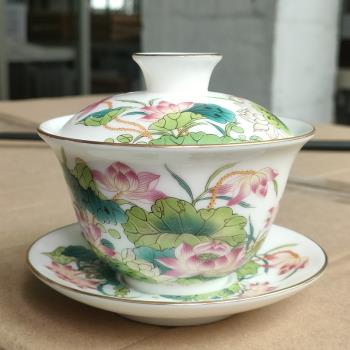 羊脂玉瓷蓋碗三才泡茶碗茶杯大號家用功夫茶具套裝德化白瓷單個