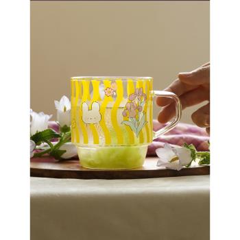 藍蓮花家居玻璃杯女高顏值疊疊杯帶把手水杯家用耐熱杯子高硼矽