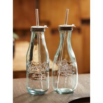 進口可樂玻璃瓶帶蓋吸管杯水杯家用小號透明牛奶飲料果汁瓶子空瓶