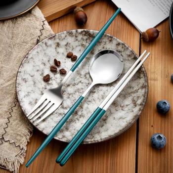 筷子勺子套裝學生不銹鋼便攜餐具三件套學生叉子單人上班族收納盒