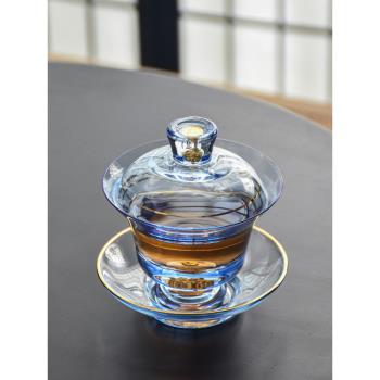 玻璃蓋碗功夫茶具手作描金家用耐熱加厚透明三才碗泡茶壺大號茶杯