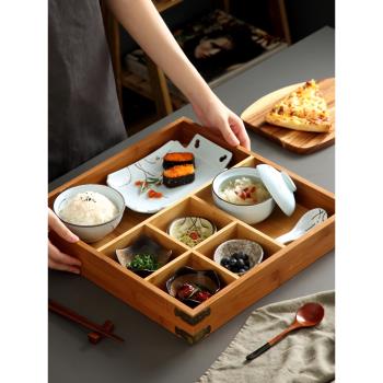 日式五格壽司套裝一人份民宿餐具多格分餐竹盒甜品碟火鍋分格竹盤
