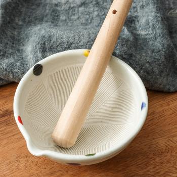 日本進口手繪陶瓷導流口研磨碗日式家用粗陶寶寶輔食工具搗碎藥碗