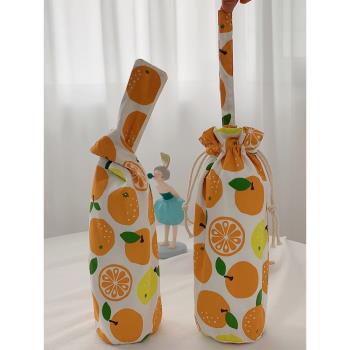 保溫杯套保護套通用可愛橘子日式帆布手提袋手拎抽繩便攜水杯袋子