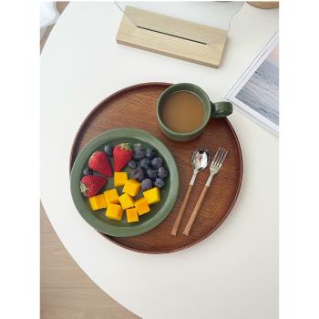 穆尼生活 ins風圓形木質托盤甜品水果盤茶盤日式餐盤咖啡蛋糕盤