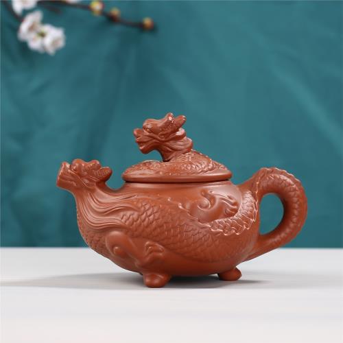 正宗紫砂壺三腳高龍壺浮雕大花茶壺霸王龍潮州功夫泥壺300ml博古|茶壺