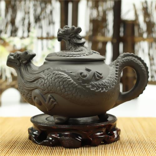 正宗紫砂壺三腳高龍壺浮雕大花茶壺霸王龍潮州功夫泥壺300ml博古|茶壺