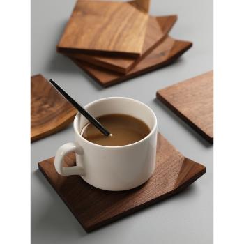 黑胡桃木折角實木杯墊日式木質茶托原木制櫸木方形咖啡隔熱墊杯托