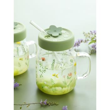 藍蓮花家居吸管杯兒童玻璃水杯刻度帶蓋耐高溫杯子家用女生帶把手
