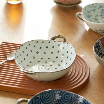 肆月雙耳碗帶手柄的陶瓷餐具高顏值家用單個面碗湯碗日式吃飯大號