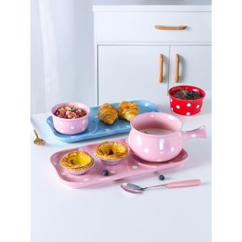 一人食4件套波點餐具碗碟套裝 家用水果沙拉碗帶把烤碗拉面碗湯碗