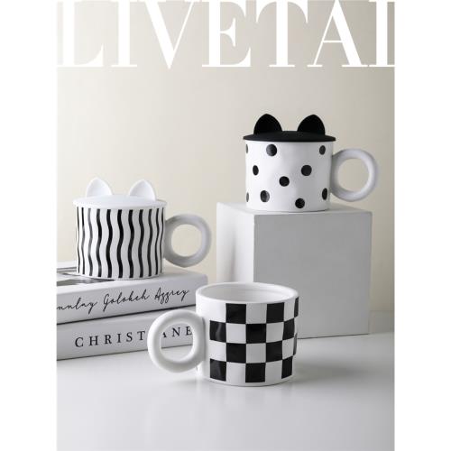 態生活棋盤格赫本馬克杯女生辦公室創意陶瓷杯復古杯子情侶水杯男