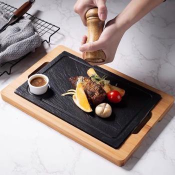 西餐廳牛排盤石板竹木托盤高級感黑色石頭保溫盤精致料理巖石餐具