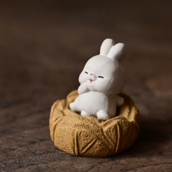 可愛白兔子小茶寵手工紫砂坐地生財擺件精品可養茶具茶玩茶桌裝飾