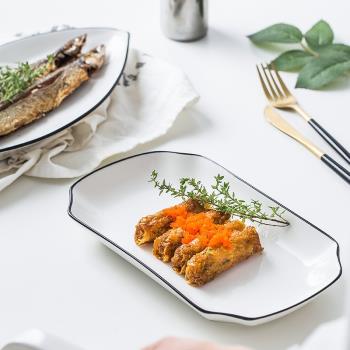 日式陶瓷盤子餐盤餐具長方形魚碟家用菜盤魚盤白色創意水果盤蒸魚
