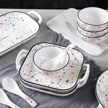 家用北歐風菜盤碟子千順陶瓷餐具水磨石飯碗飯盤可微波爐面碗湯碗