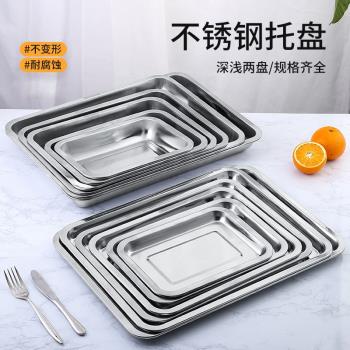 不銹鋼方盤長方形蒸飯盤託盤燒烤盤水餃盤子家用鐵盤商用菜盤深淺