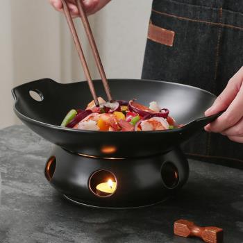 陶瓷干鍋加熱爐菜盤湯盆西餐盤餐廳圓形雙耳餐具蠟燭明爐商用湯鍋