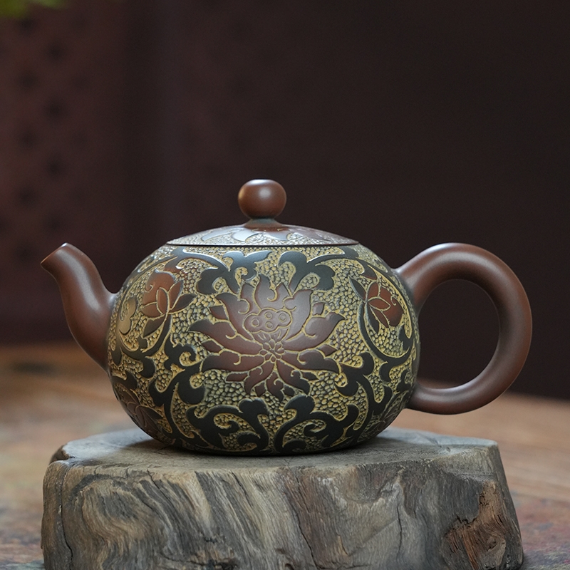 廣西欽州坭興陶純手工名家一粒珠茶壺茶具全滿工雕刻泡茶壺|茶壺|ETMall