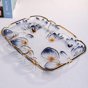 輕奢盤子現代家用客廳水晶玻璃水果盤中式茶盤專用西瓜托盤展示盤