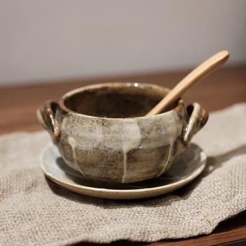 復古黃十草雙耳碗碟●日本進口美濃釉下彩湯碗日式西餐湯碗