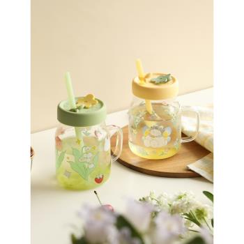 藍蓮花高硼矽玻璃吸管杯帶把手女生水杯高顏值夏天刻度杯子帶蓋