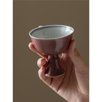 中式復古風豇豆紅內繪青花雙線陶瓷高腳杯主人杯 可作小號點心碟