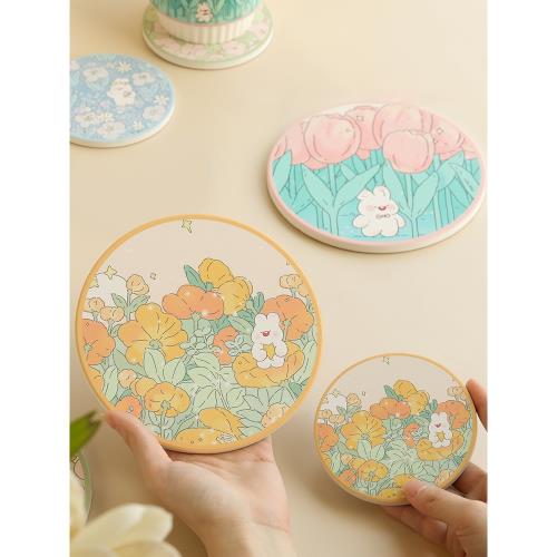 藍蓮花陶瓷杯墊防滑隔熱墊茉茉兔辦公室熱水杯墊玻璃杯子卡通防燙