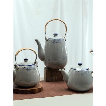 陶瓷草木灰大容量兩升水壺手繪復古青花瓷提梁茶具餐廳泡茶壺家用