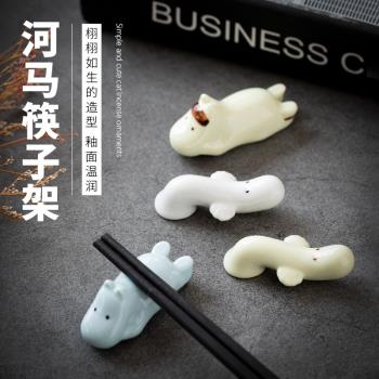 Zakka日式雜貨 抽象超萌河馬筷架筆架卡通陶瓷筷子架小擺件四款裝