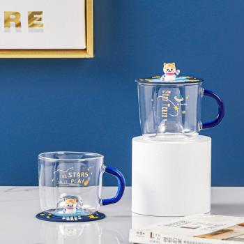 創意太空貓馬克杯高硼硅耐熱玻璃杯可愛蓋子牛奶杯高顏值水杯沖泡