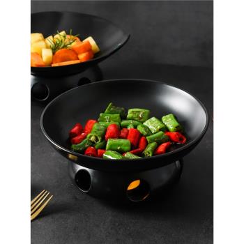 黑色陶瓷保溫菜盤創意蠟燭加熱明爐套裝雙耳湯盤圓盤商用耐熱餐具