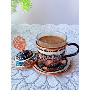 新品 土耳其進口純手工雕花彩繪紫銅咖啡杯茶杯糖罐六人套裝200ml