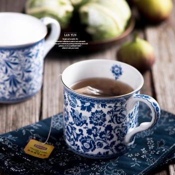 歐式青花馬克杯 復古咖啡杯茶水杯 描金精細骨瓷杯 藍色海葵