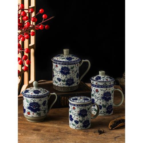 青花瓷中式復古陶瓷馬克杯水杯杯子泡茶杯帶蓋家用辦公室功夫茶具|馬克