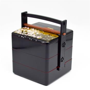 囷牌日式便攜式手提野餐飯盒 點心壽司盒 三層手提烤漆塑料便當盒