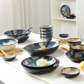 彩繪陶瓷碗飯碗家用中式加厚防燙面碗湯碗餐盤釉下彩碗盤組合餐具