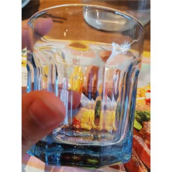 必勝客同款杯子玻璃杯透明藍色水杯餐具茶杯飲料喝水藍紋八角酒杯