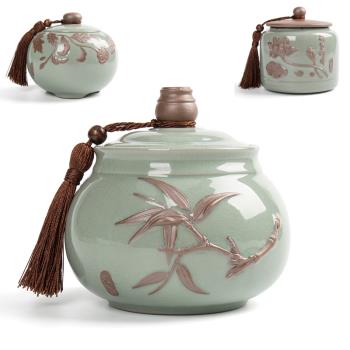 陶瓷茶葉罐大號 哥窯浮雕密封罐 復古粗陶普洱茶紅茶綠茶儲存罐