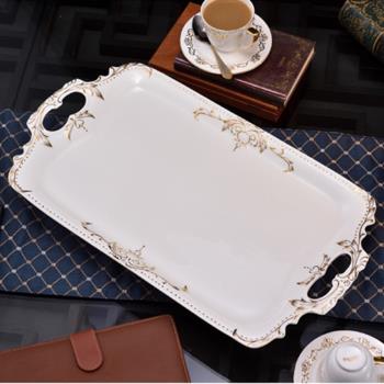 骨瓷大托盤白色金邊輕奢咖啡具收納盤子歐式花邊家用陶瓷長方形盤