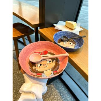 手繪盤8英寸深盤釉下彩水果沙拉盛湯飯盤可愛少女心卡通兒童餐具